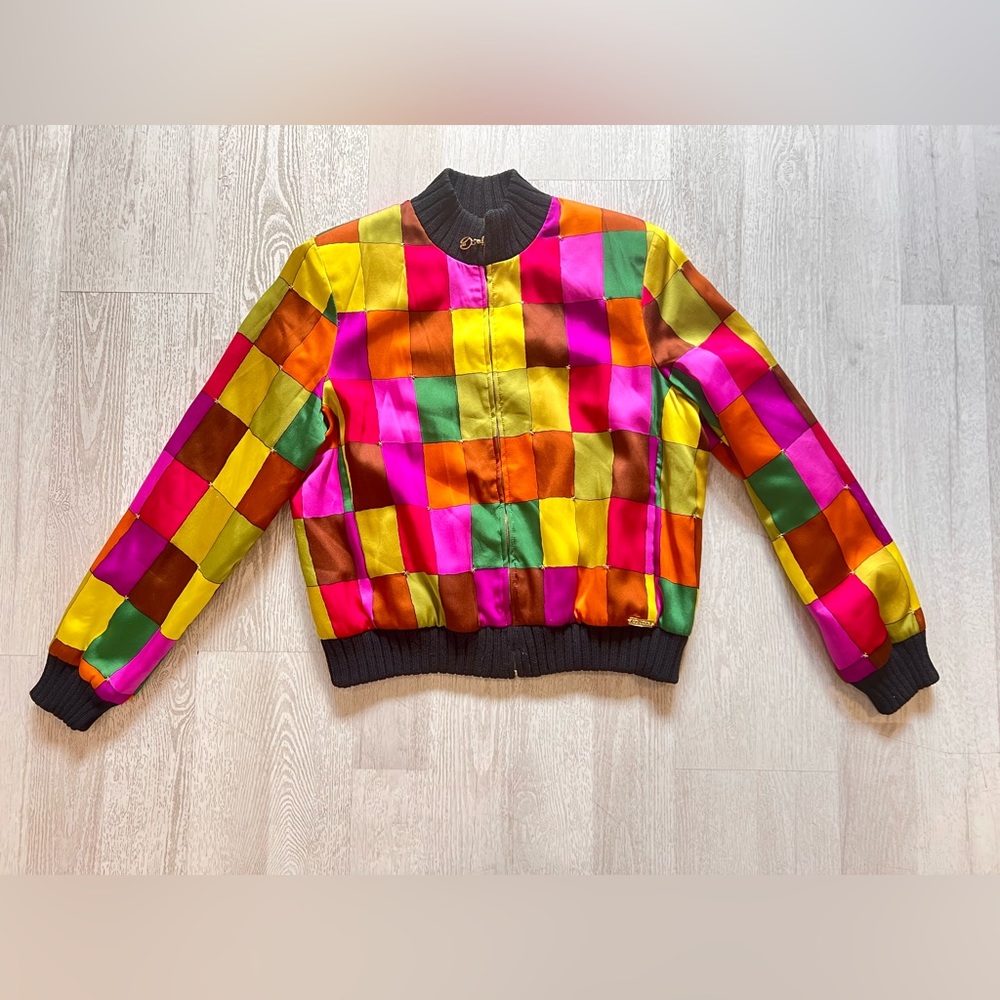 ST. JOHN SPORT multicolor silk haute zip jacket Sz P  vintage